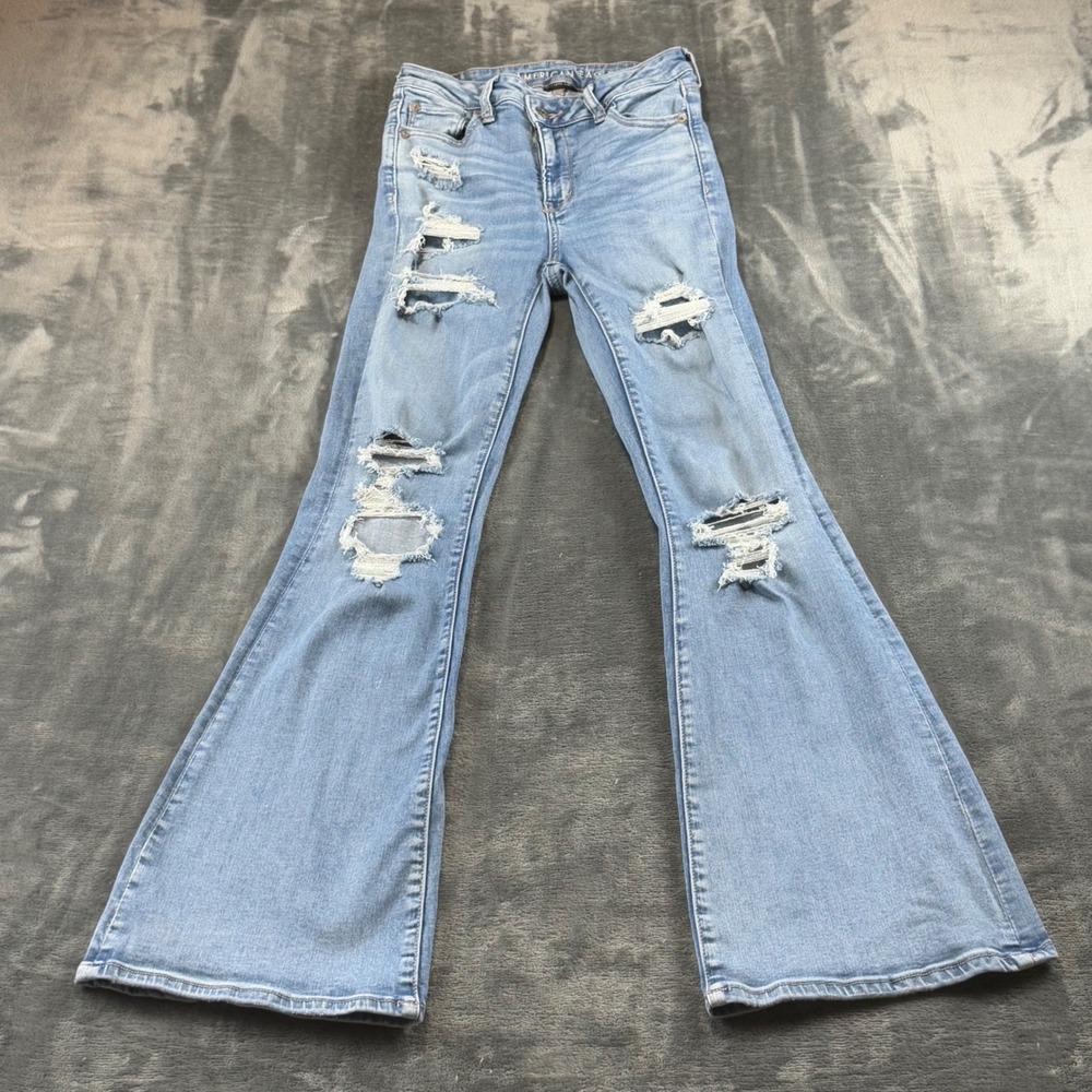 American Eagle Super Hi-Rise Flare Jeans Distressed Next Level Stretch 4 Long